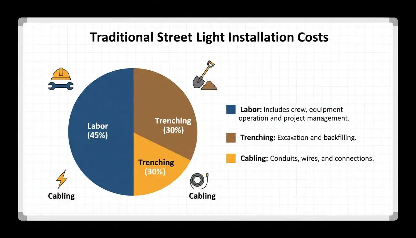 A chart showing the cost breakdown of trenching, cabling, and labor for a traditional street light installation