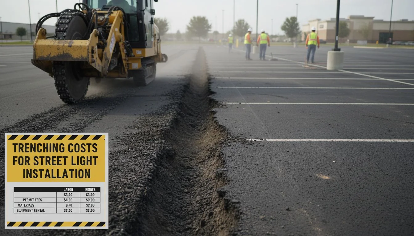 A trenching machine cutting a line through a paved parking lot