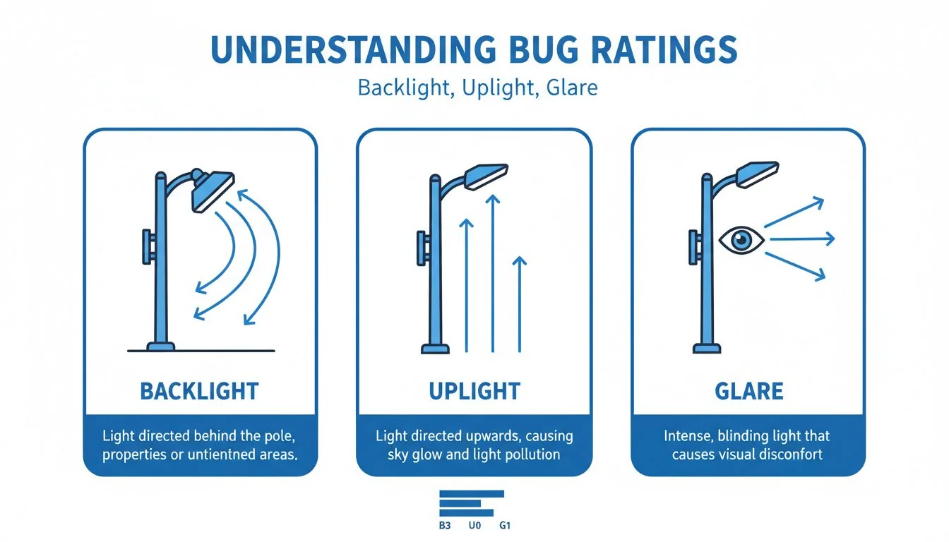 An infographic clearly defining Backlight, Uplight, and Glare with arrows showing light direction from a pole light.