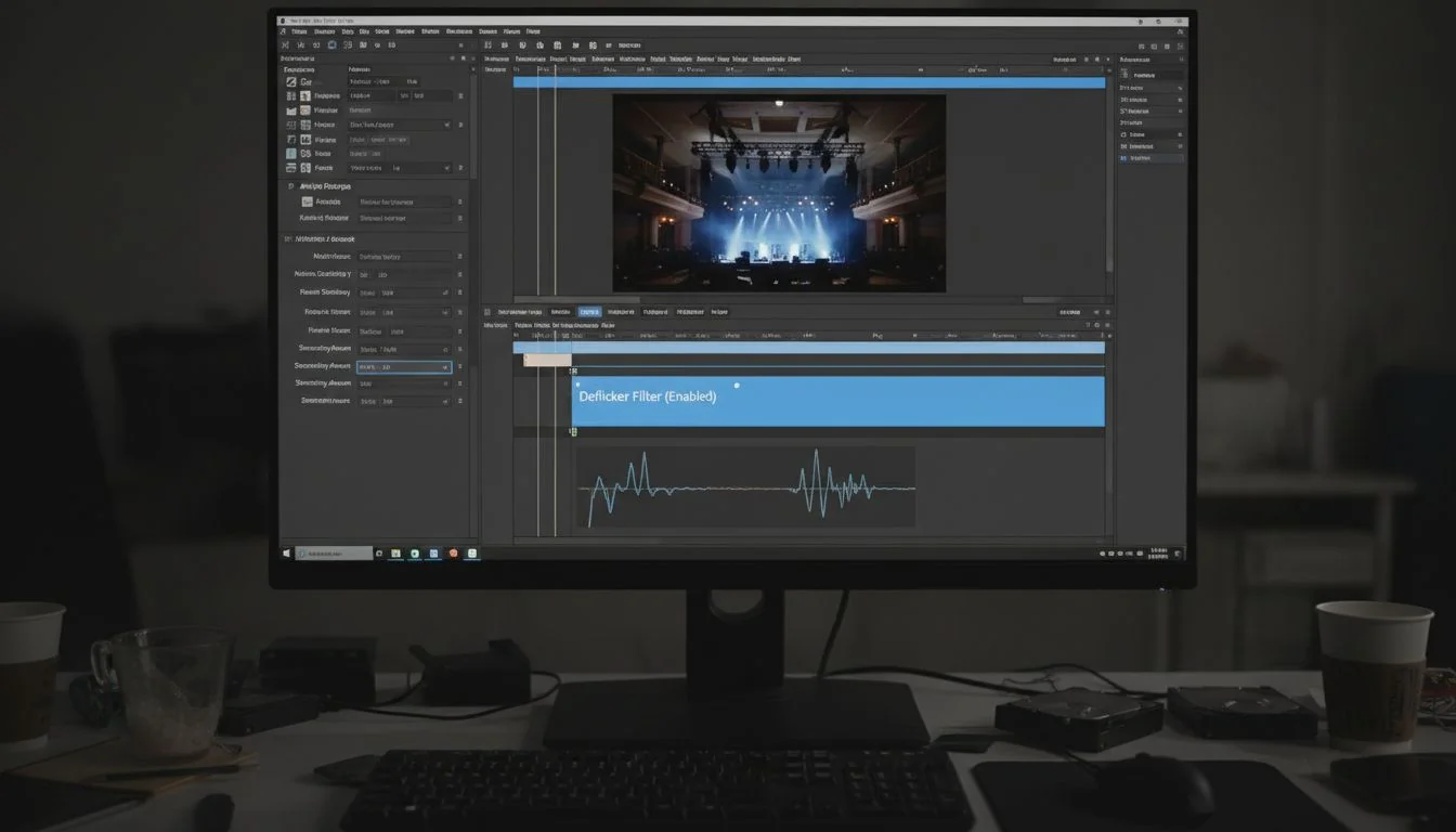 A computer screen showing video editing software with a deflicker plugin applied to a clip
