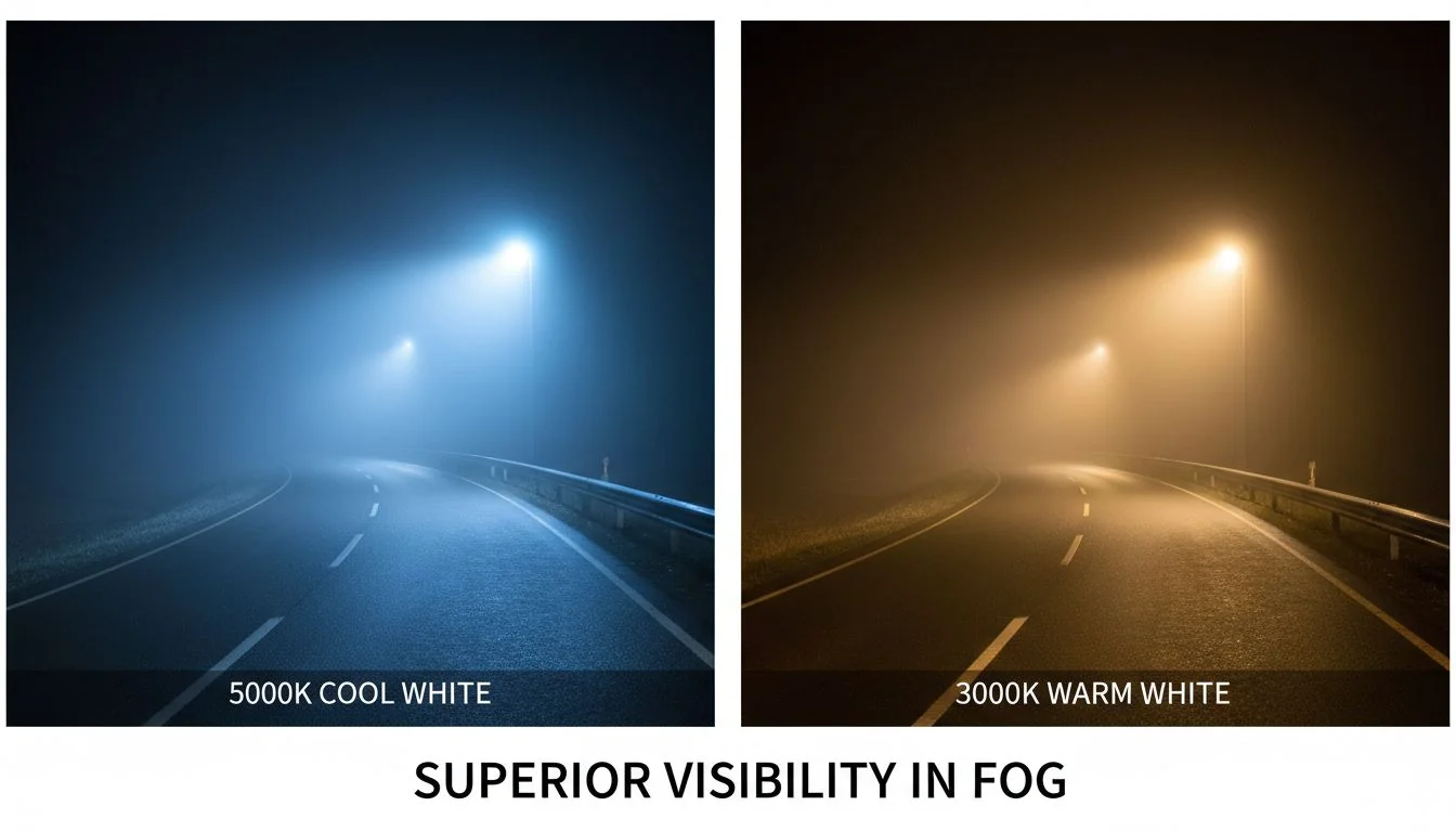 A side-by-side comparison of a road lit with 5000K cool white light in fog versus 3000K warm white light, showing better visibility with the warmer light.