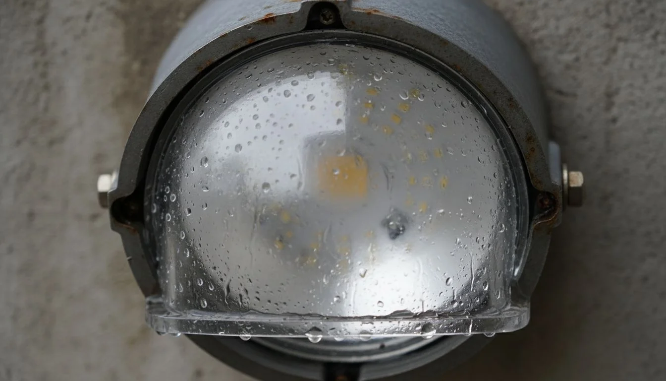 LED luminaire with condensation visible inside the lens cover.