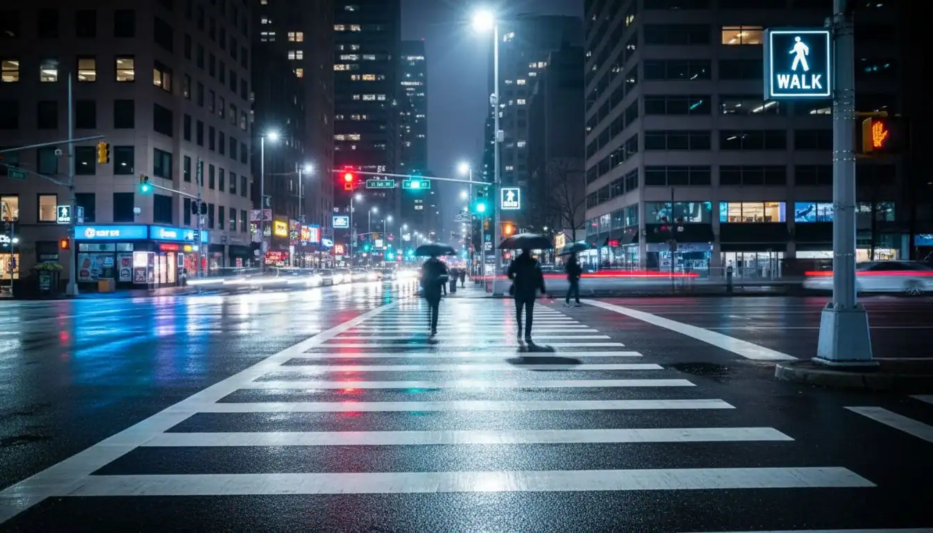 A close-up shot of a brightly lit crosswalk at an intersection at night.