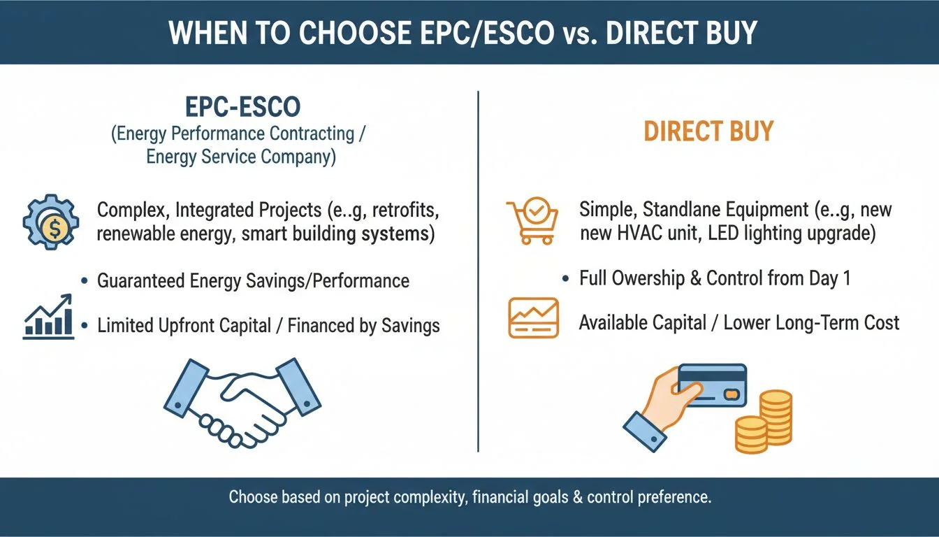 When to Choose EPC/ESCO vs. Buy A two-column visual comparing when to choose EPC/ESCO versus when to choose a direct Buy