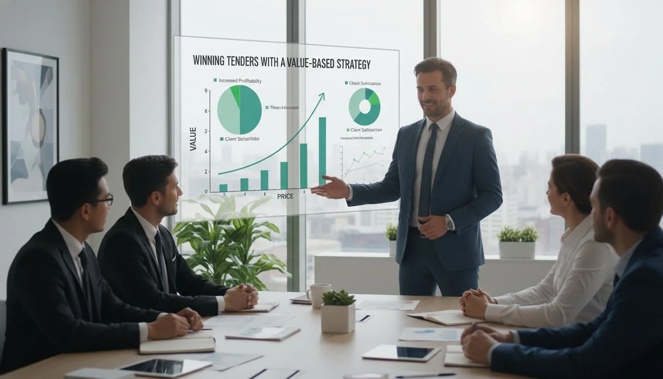 A person confidently presenting a proposal in a modern office setting, with charts showing value over price.