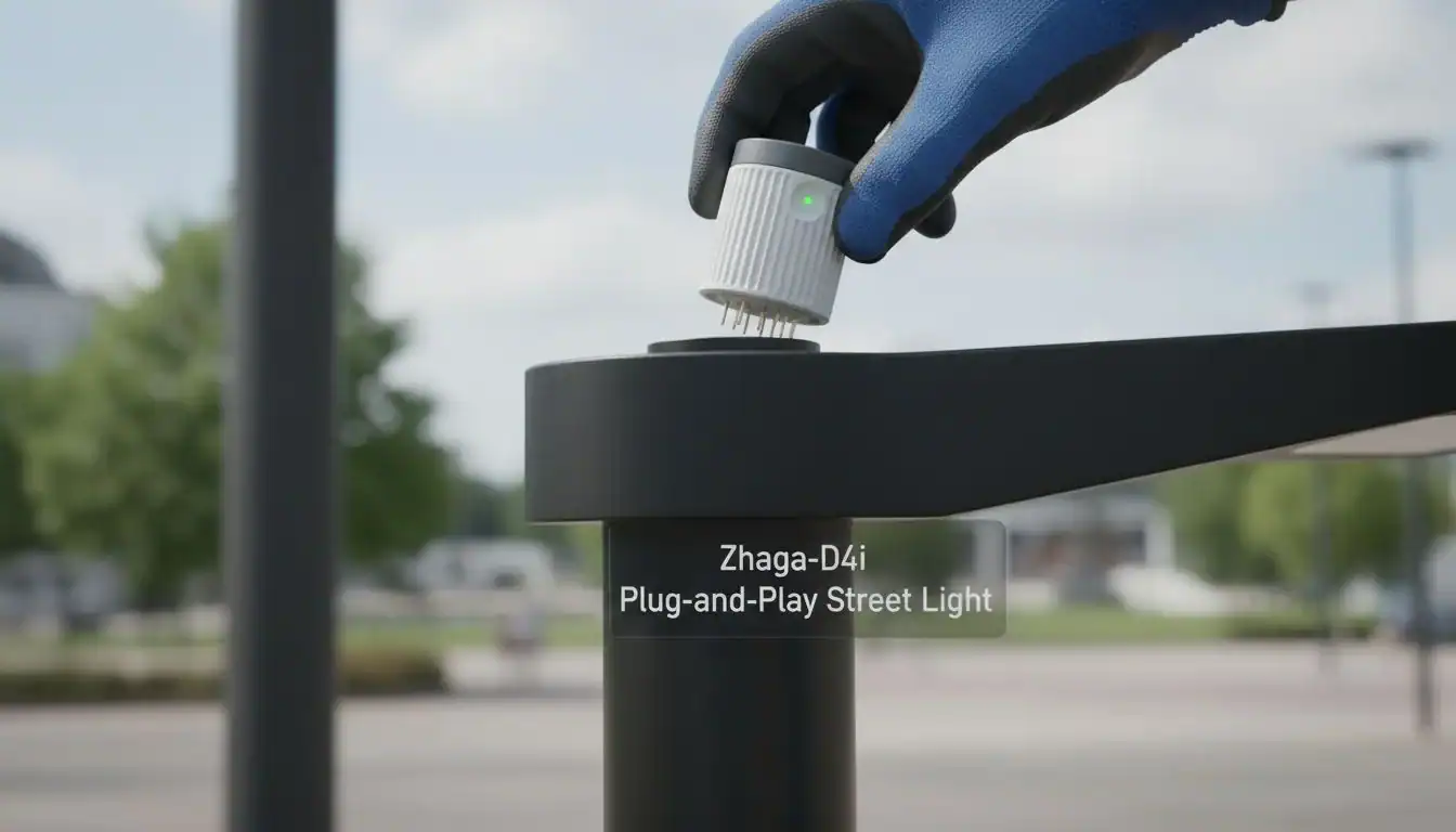 An image showing a hand easily plugging a sensor node into a Zhaga Book 18 socket on top of a street light